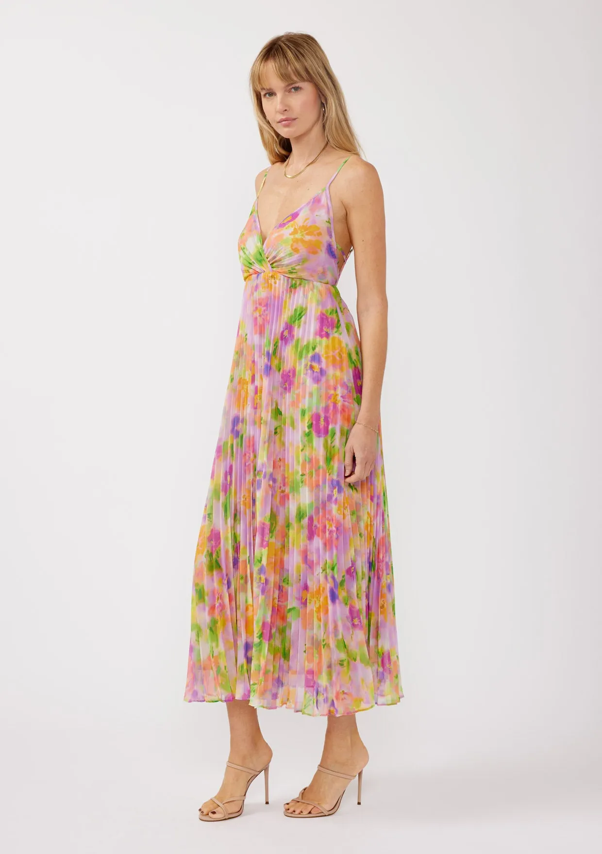 V-Neck Pleated Floral Maxi Dress with Back Tie