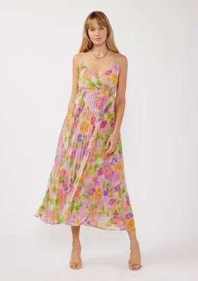 V-Neck Pleated Floral Maxi Dress with Back Tie