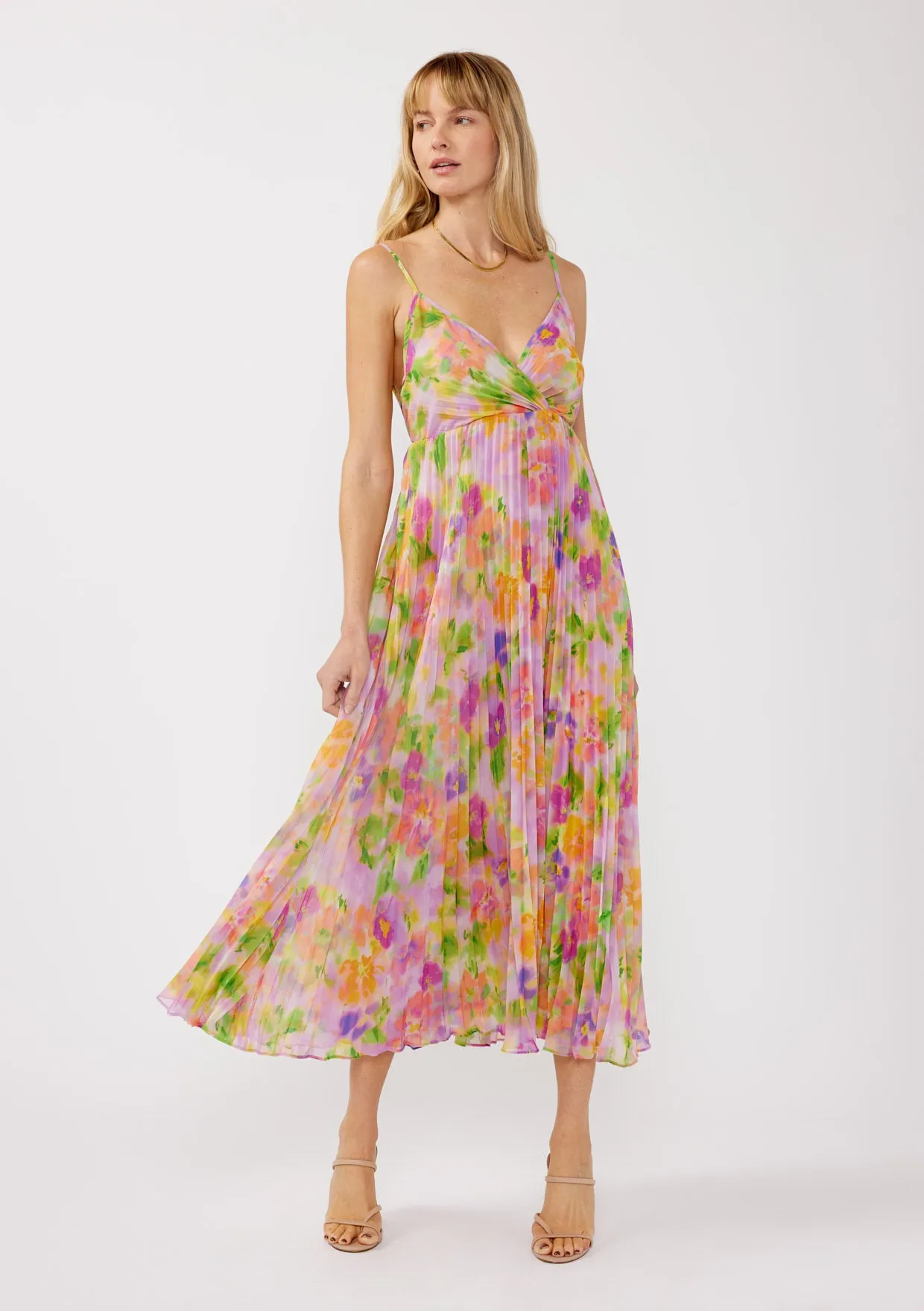 V-Neck Pleated Floral Maxi Dress with Back Tie
