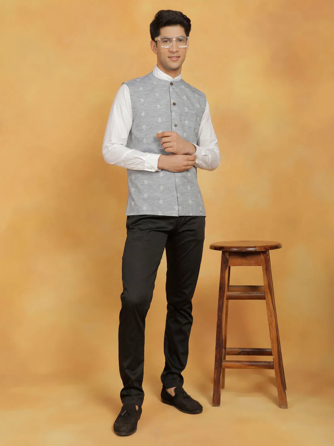 VASTRAMAY Men's Grey Cotton Nehru Jacket