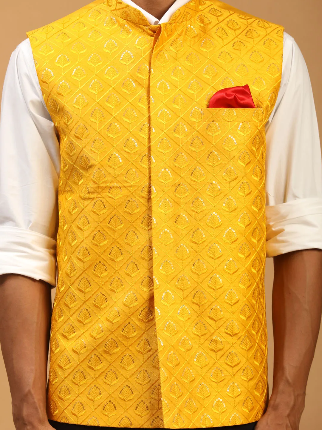 Vastramay Men's Yellow Embellished Ethnic Nehru Jacket