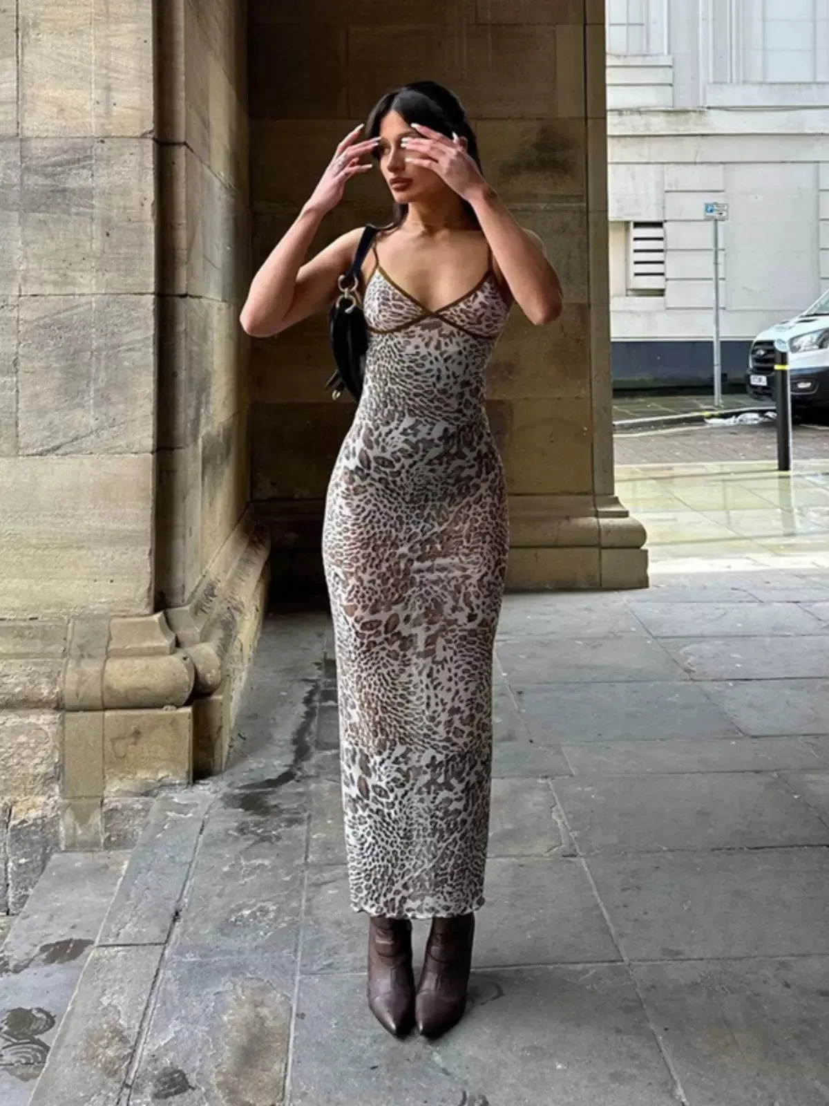 Vvsha Keira Leopard Print Mesh Maxi Dress