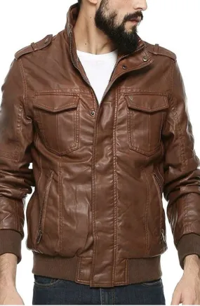 Welly Real Leather Jacket Men Brown Biker Motorcycle Genuine