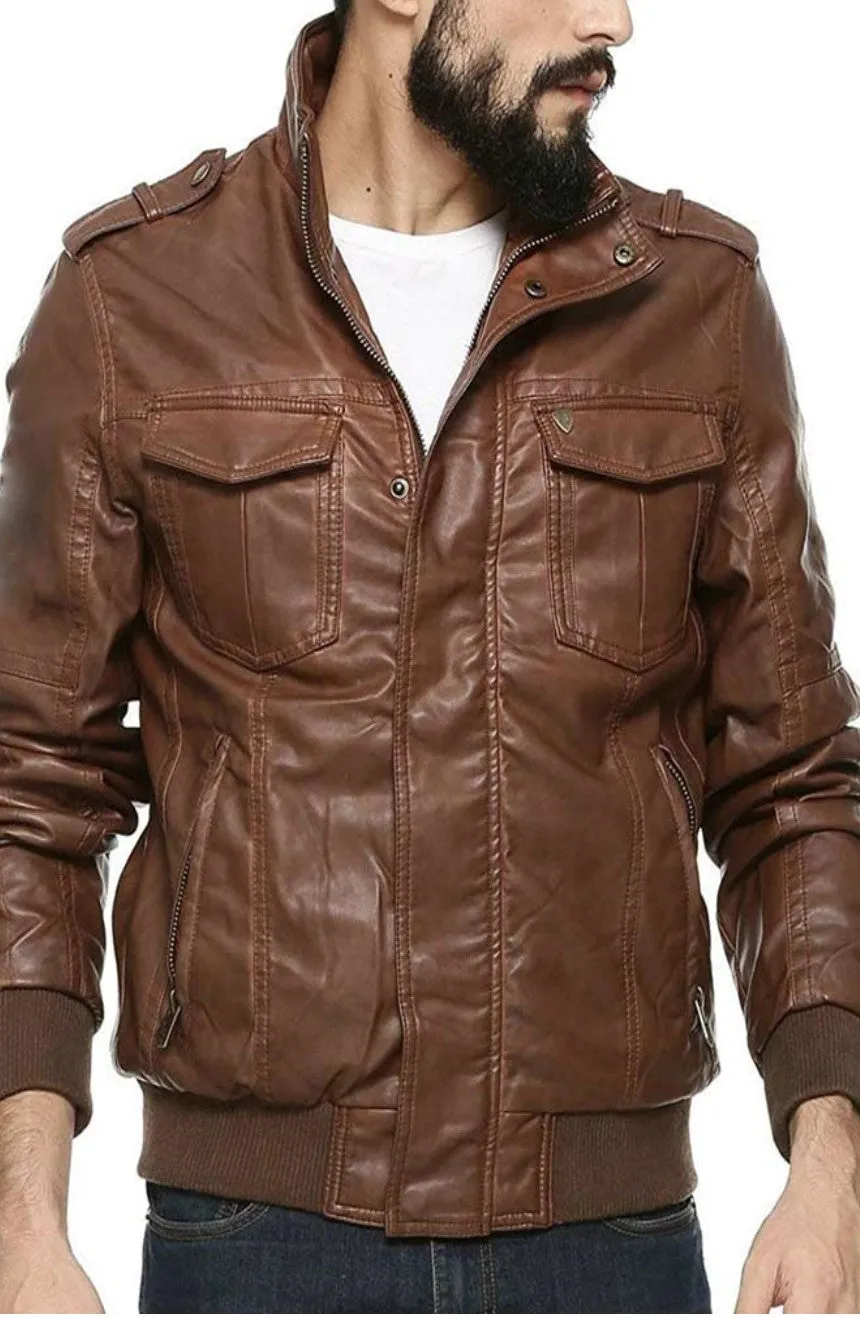 Welly Real Leather Jacket Men Brown Biker Motorcycle Genuine